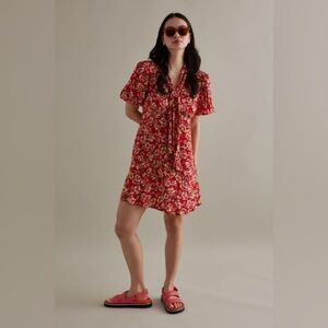 Kachel x Anthropologie Red Floral Puff Sleeve Mini Sun Dress